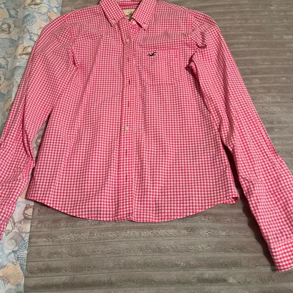 Hollister Pink and White Gingham Shirt
